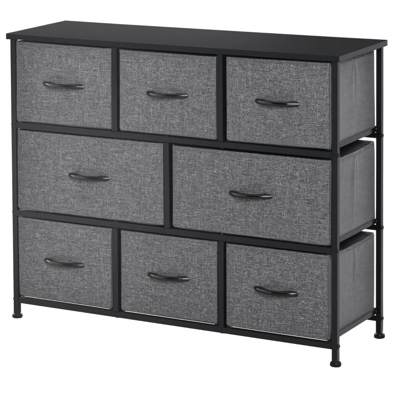 HOMCOM Ladekast met 8 Stoffen Lades, 2 Groot, 6 Klein, Metalen Frame, Kantelbeveiliging, Grijs