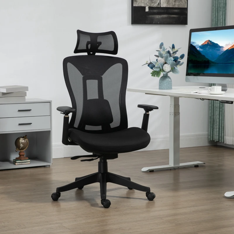 Vinsetto Silla de Escritorio de Malla con Reposacabezas Ajustable Soporte Lumbar y Reposabrazos 3D 70x66x128 cm Negro