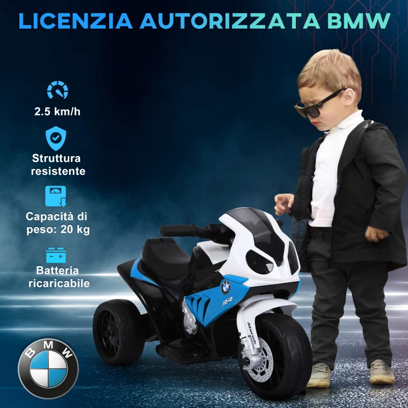HOMCOM Moto Elettrica per Bambini 18-36 Mesi con Licenza BMW, 6V, con 3 Ruote, Fari, Musica, 2.5 km/h, Max 20kg, Blu
