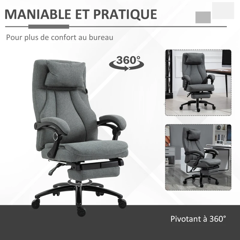 Vinsetto Fauteuil de bureau direction massant hauteur réglable dossier inclinable repose-pied intégré lin gris