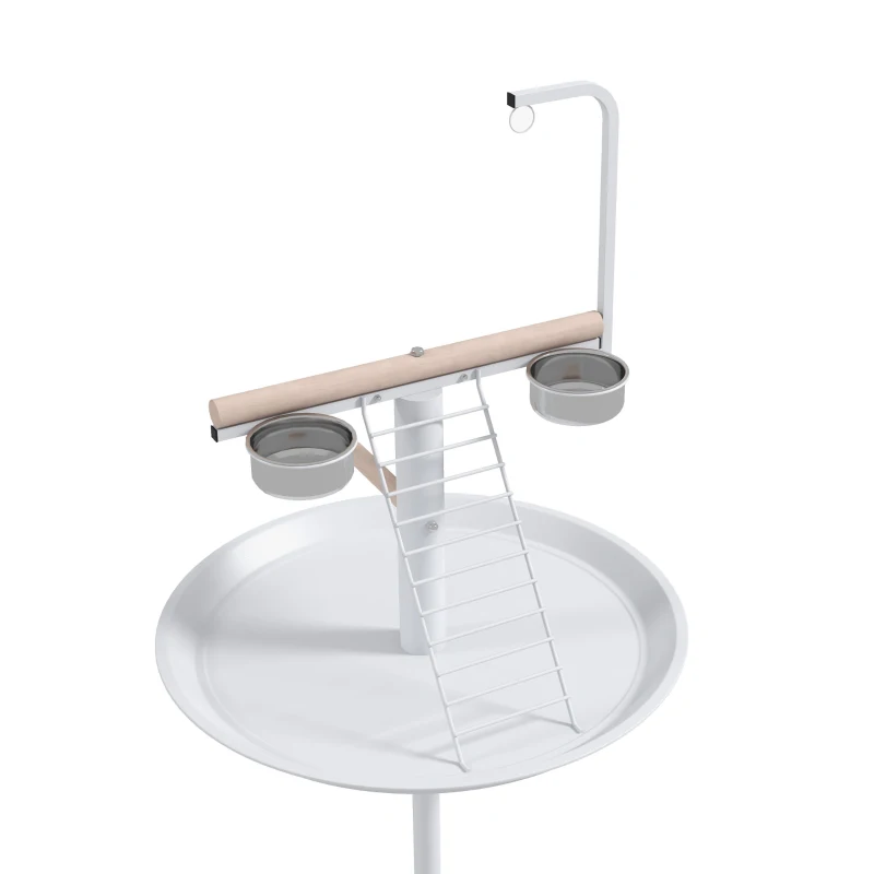 PawHut Papegaaien Vrijstaande Speelstandaard met Zitstok, 1 Ladder, 1 Schommel, Voerschalen, 60 x 60 x 138 cm, Wit + Natuur