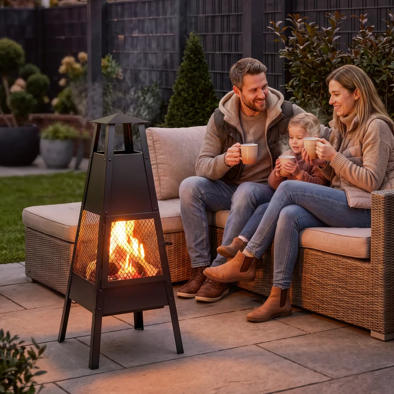 Outsunny Brasero de Exterior con Chimenea Cónica 41x40,5x97 cm Acero al Carbono con Malla Protectora para Patio Terraza Negro