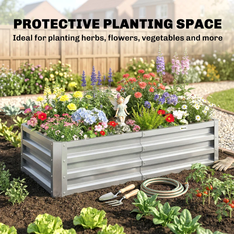 Outsunny Raised Beds for Garden, Galvanized Outdoor Planters, for Herbs and Vegetables, Use for Patio, Backyard, Balcony, Silver