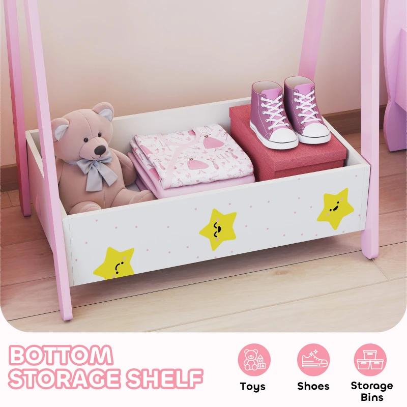 AIYAPLAY Baby Clothing Rack with Hangers, Storage Shelf for Bedroom, Star Theme, for Ages 3-6, Pink