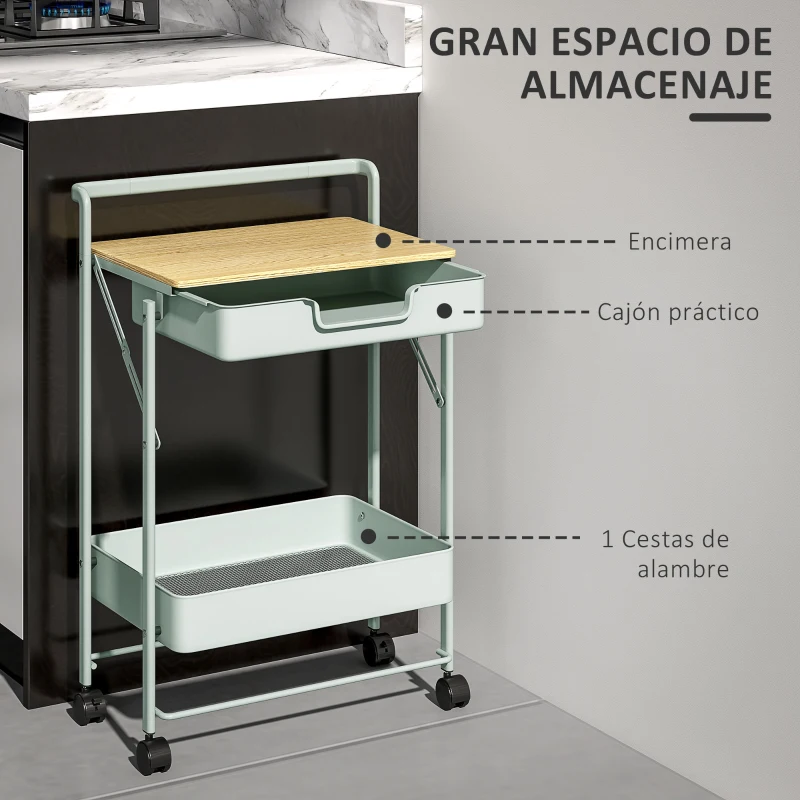 HOMCOM Carrito Auxiliar con Ruedas de 2 Niveles con Cajón Encimera y Cesta de Rejilla para Dormitorio Baño Cocina Verde Claro
