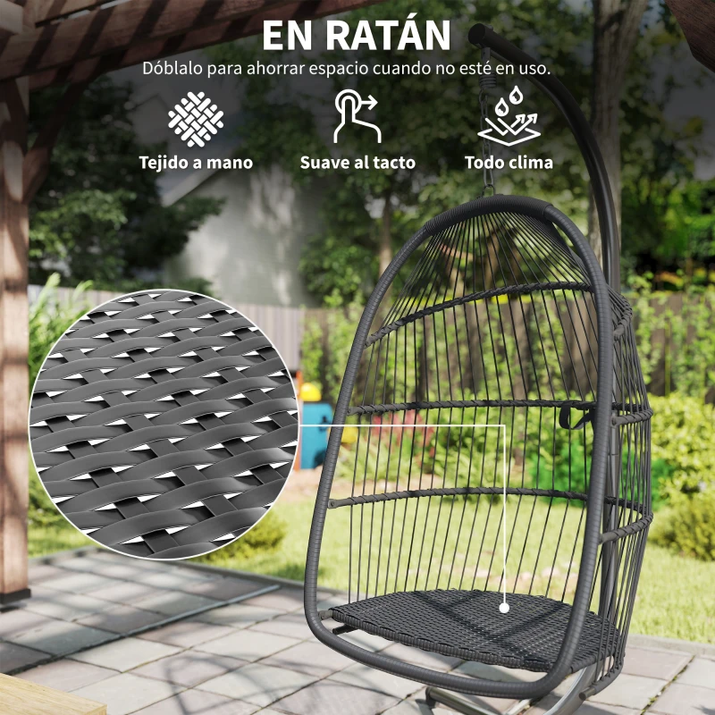 Outsunny Silla Colgante Huevo con Soporte con Cesta Plegable Cojín y Reposacabezas para Interior y Exterior Carga 150 kg Gris