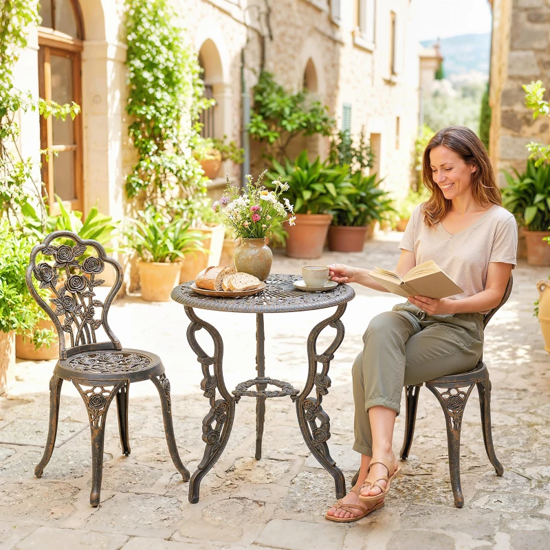 Outsunny Garden Bistro Set with Umbrella Hole, 3 Piece Cast Aluminium Garden Furniture Set, Antique Floral Round Coffee Table and Chairs, Small Balcony Furniture for Outdoor, Patio, Brown Tone