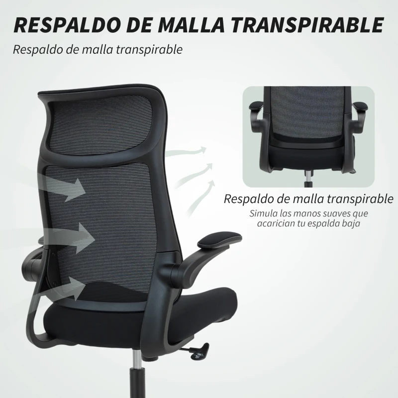 HOMCOM Silla de Oficina Ergonómica Giratoria de Malla con Soporte Lumbar Reposabrazos Abatibles Reposacabezas Basculante Negro