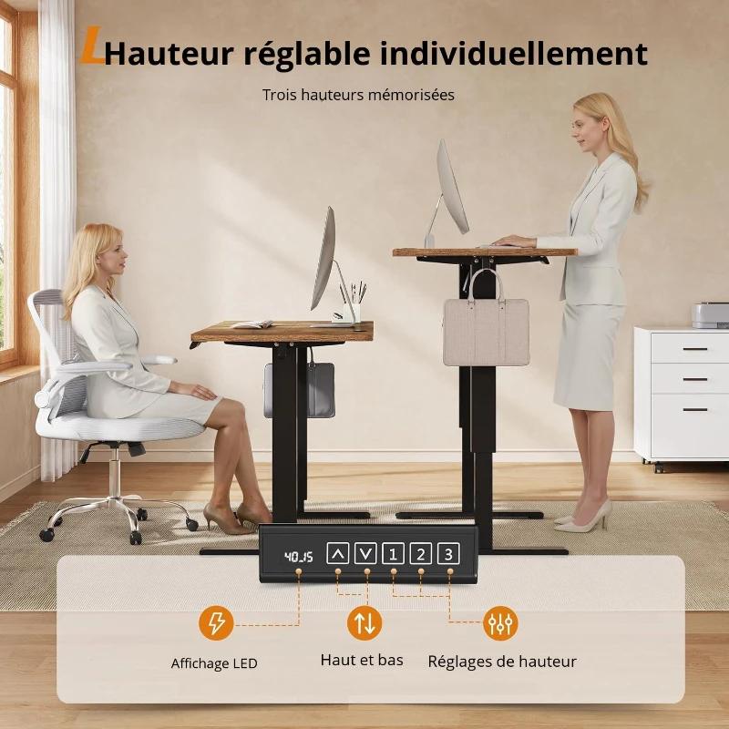 Bureau assis-debout électrique, moteur silencieux avec mémoire 3‑positions et système anti‑collision, 120 × 60 cm, 120x60x72-120 cm, Marron