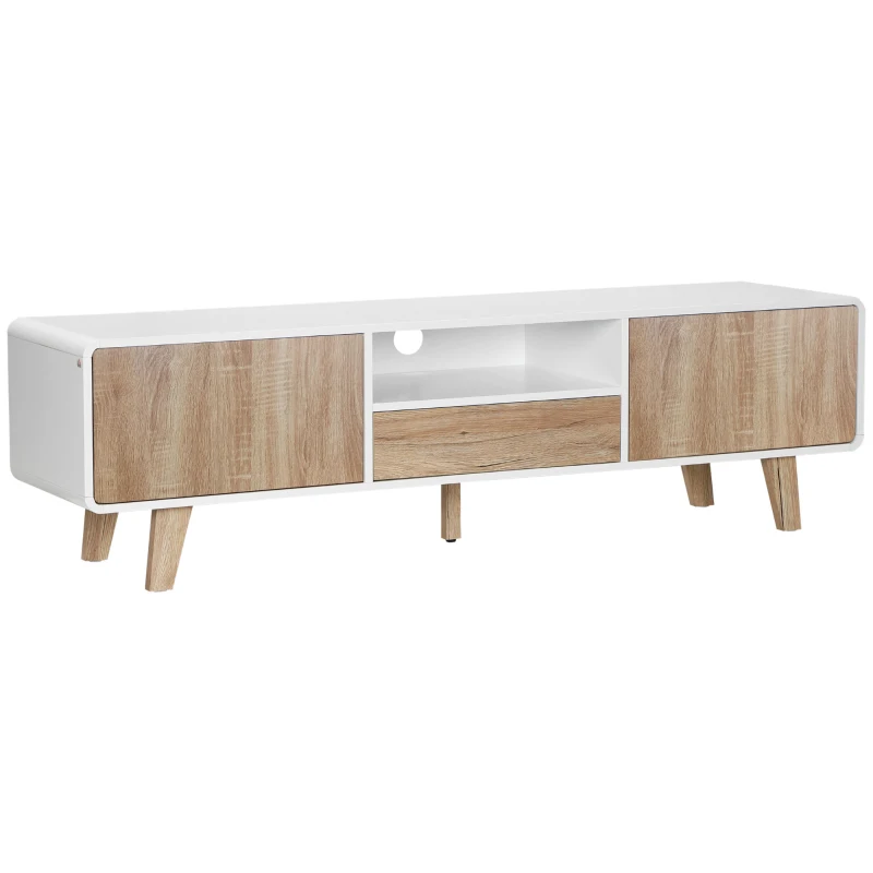 HOMCOM Meuble TV Bas sur Pied Style scandinave 2 Portes Niche tiroir MDF Blanc Aspect chêne Clair
