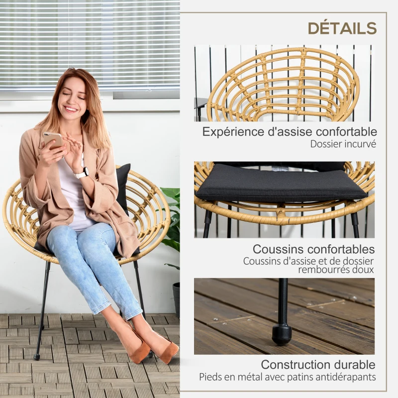 Outsunny Ensemble de 2 chaises de jardin en acier et résine tressée avec coussins moelleux 71,5 x 64 x 75 cm