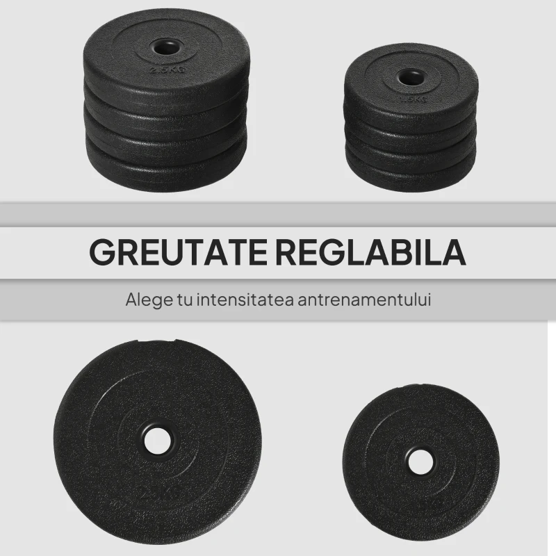 HOMCOM Set Gantere cu Greutăți de 20 kg (4x2.5 kg, 4x1.5 kg) cu 8 Discuri și 2 Gantere de 2 kg, 43x18x7.5 cm, Negru