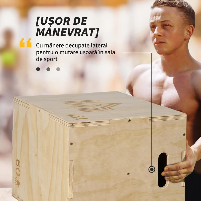 HOMCOM Box Jump cu 3 înălțimi reglabile pentru acasă și sală, din lemn de fag, 45x40x60 cm