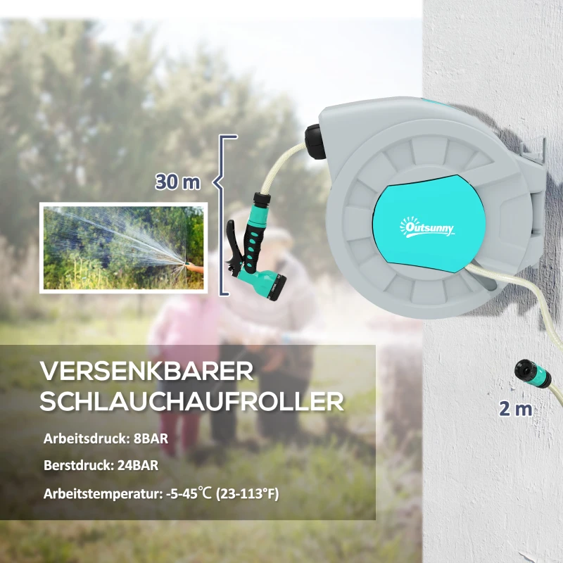 Outsunny Tuinslanghouder, 30+2 meter tuinslang in robuuste behuizing, muurbevestiging, 7 sproeipatronen, 180° draaibaar, Groen