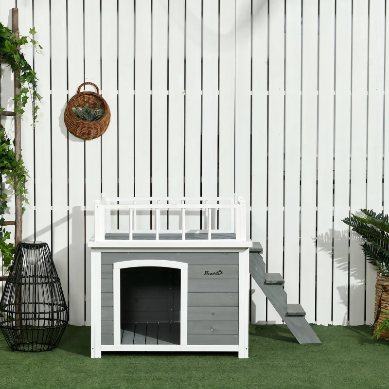 PawHut Cusca de exterior pentru caini cu balcon, scari, Cusca pentru caini rezistenta la intemperii cu picioare inaltate, ferestre, pentru caini de talie mica si medie