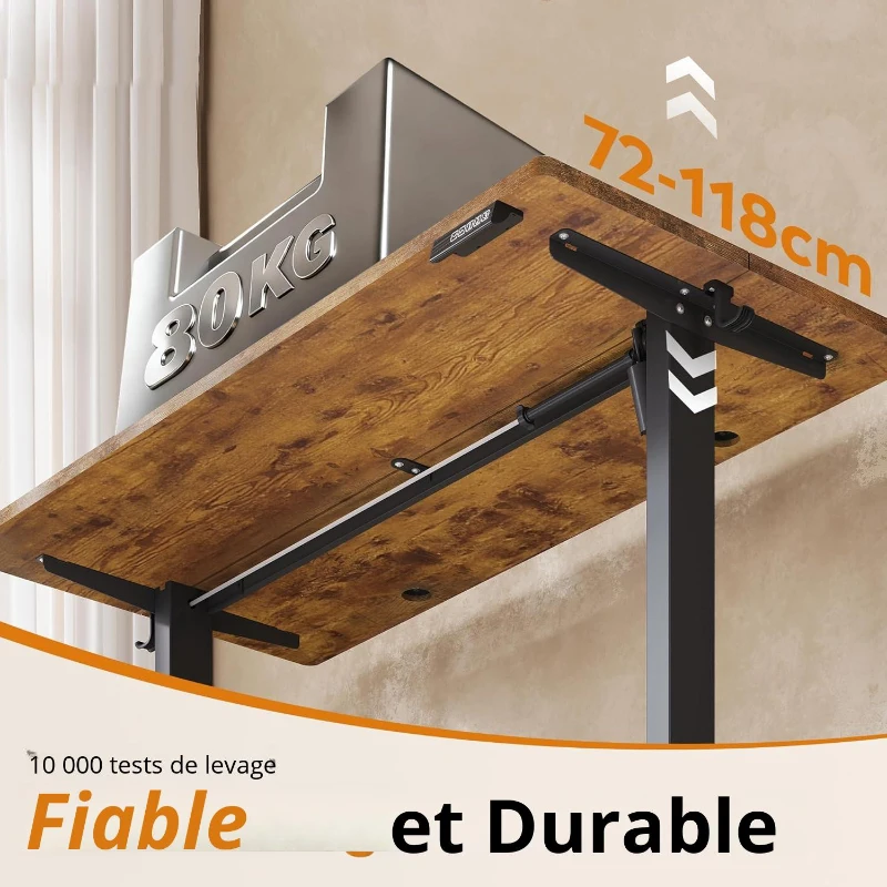 Bureau électrique réglable en hauteur, moteur silencieux avec 3 positions mémorisées, 140×70 cm, 72–118 cm, 140x70x72-118 cm, Marron