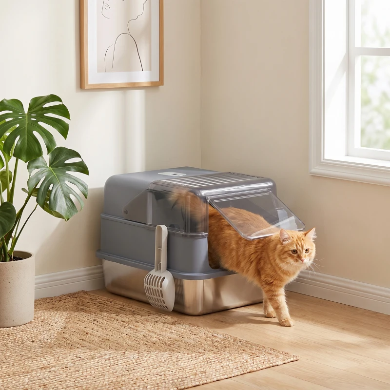 PawHut Katzentoilette aus Edelstahl M, geschlossen 2-in-1, abnehmbare Haube, hoher Rand, Schaufel, leicht zu reinigen, Grau