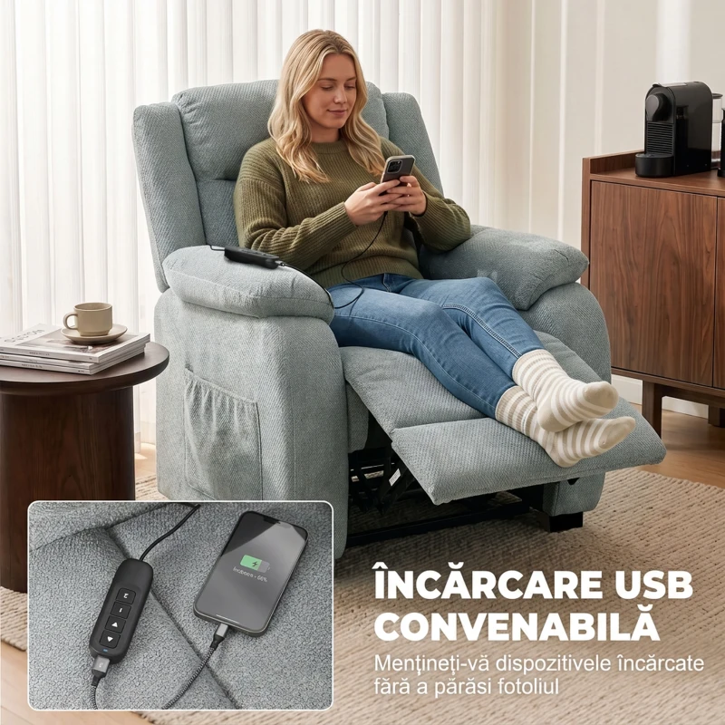 HOMCOM Fotoliu Reclinabil Electric cu Telecomandă și USB, Țesătură Tip In, Verde