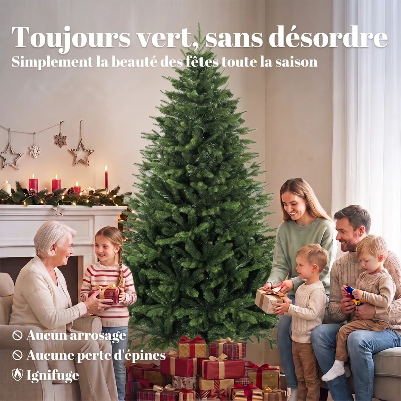 HOMCOM Sapin de Noël Artificiel 180 cm, Arbre de Noël avec 889 Pointes de Branches Articulées Réalistes, Support en Bois, Vert
