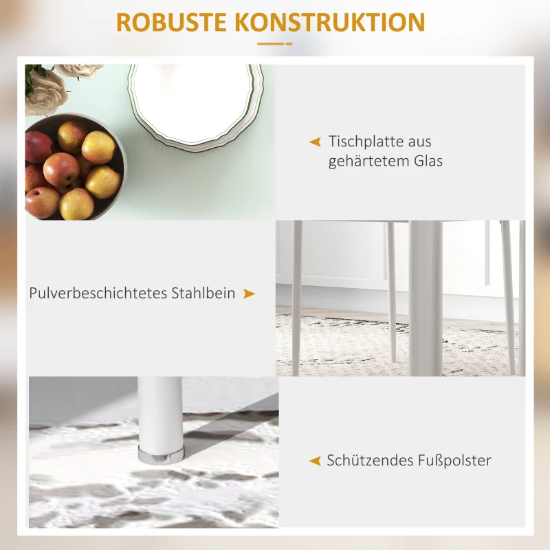 HOMCOM 5-delige Eetkamerset met Eettafel en 4 Stoelen, Modern Design, Glazen Tafel, Wit