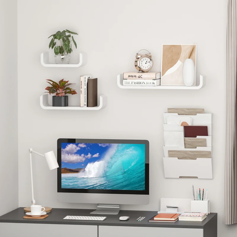 HOMCOM Lot de 3 étagères murales flottantes design contemporain courbé kit fixation inclus MDF blanc