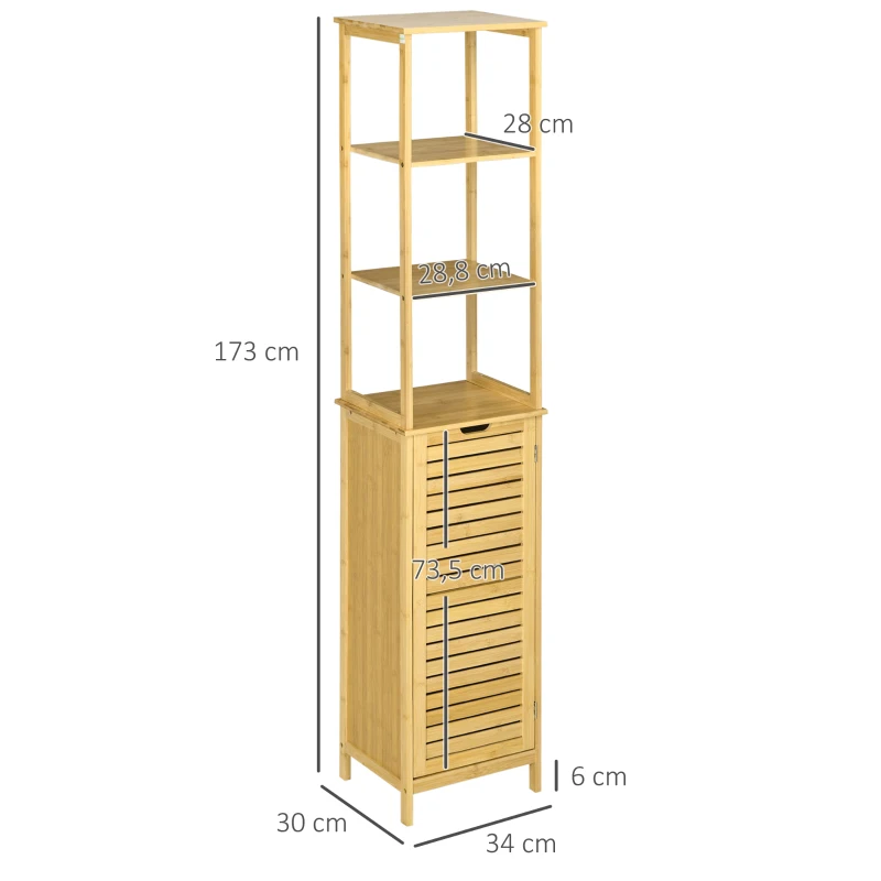 kleankin Badkamerkast, Hoge Kast met Drie Planken en een Kastvak met Lamellendeur, Kantelbeveiliging, Bamboe, 34 x 30 x 173 cm