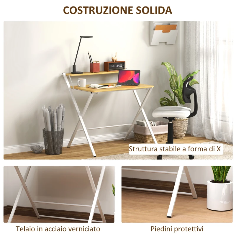 HOMCOM Scrivania Pieghevole con Ripiano Rialzato e Gambe a X, in Legno e Acciaio, 86x66x82 cm, Bianco e color Legno