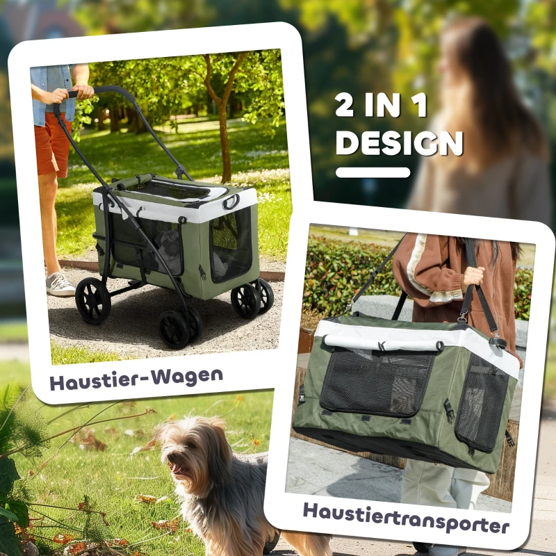PawHut Huisdierenbuggy voor Honden en Katten, Opvouwbaar, Afneembare Mand, 81 x 58 x 97,5 cm, Zwart+Donkergroen+Wit