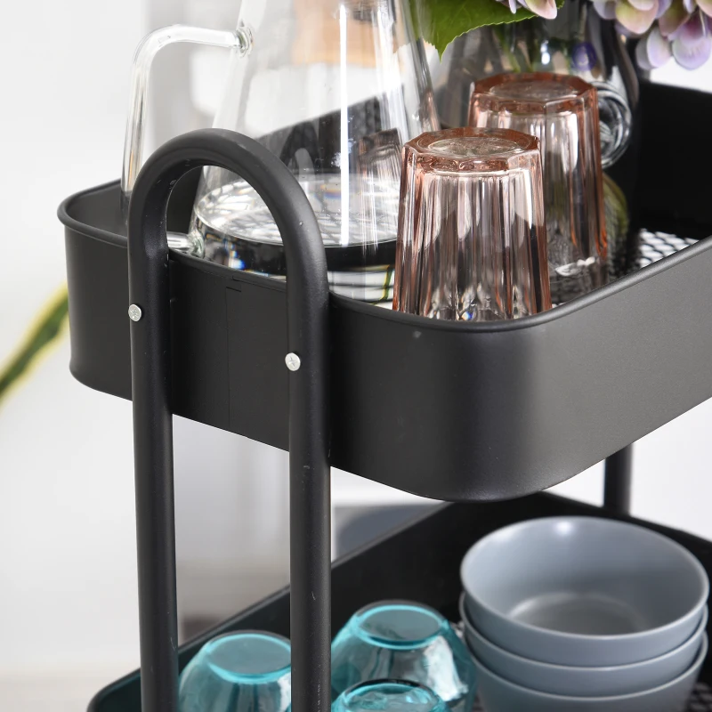 HOMCOM Metal 4-Tier Mobile Storage Serving Trolly Rolling Utility Cart Organiser Kitchen Mesh Bottom Black