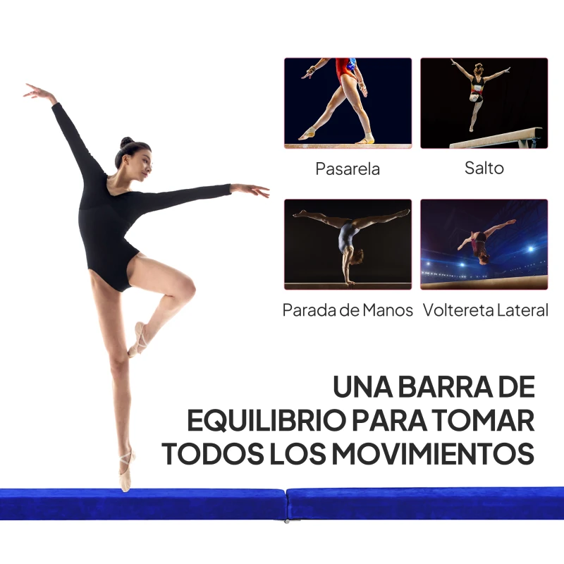 HOMCOM Barra de Equilibrio Gimnasia Plegable 210 cm Barra de Gimnasia Artística para Niños Adultos Entrenamiento en Casa Azul