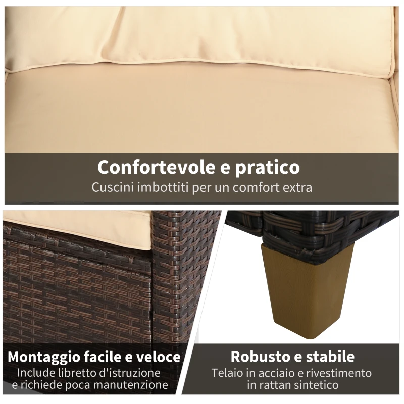 Outsunny Set Mobili da Giardino 4 Pezzi in Rattan PE e Tavolino, Divano e Poltrone Imbottiti Marrone e Beige 124x68x76cm