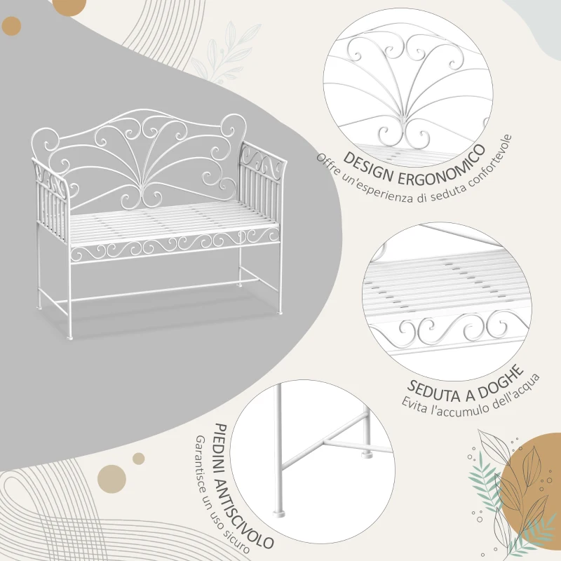 Outsunny Panchina da Esterno a 2 Posti , Panchina Biposto da Giardino Stile Romantico Ferro 111 x 50 x 98cm Bianco