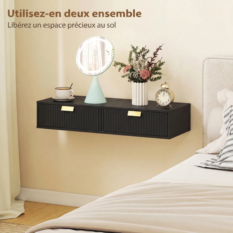 HOMCOM Lot de 2 Tables de Chevet Murales, Tables de Nuit Suspendues avec Tiroir Ondulé, 40 x 30 x 15 cm, Noir