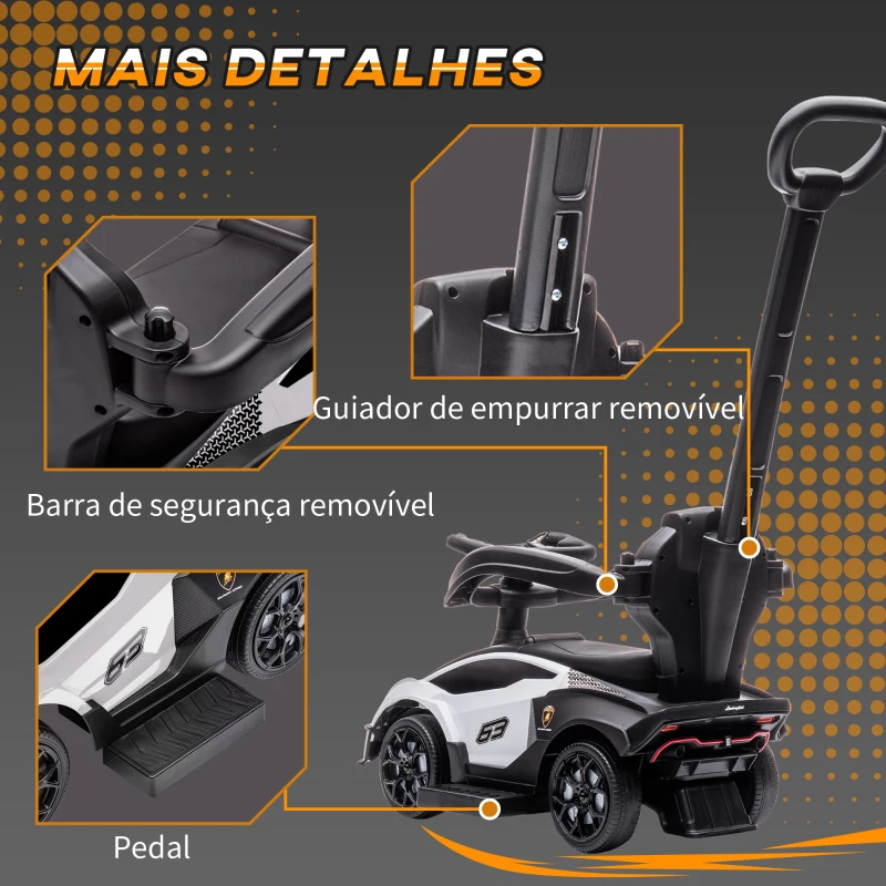 AIYAPLAY 2 em 1 Carro Andador para Crianças 12-36 Meses Lamborghini Essenza SCV2 Carro Andador com Buzina Guiador e Grade de Segurança Removível 86,5x40x89,5cm Branco e Preto