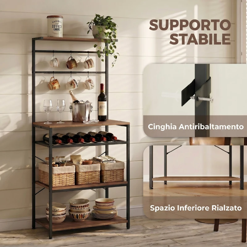 HOMCOM Scaffale Cucina a 5 Livelli Stile Industriale con 6 Ganci e Portabottiglie, Noce