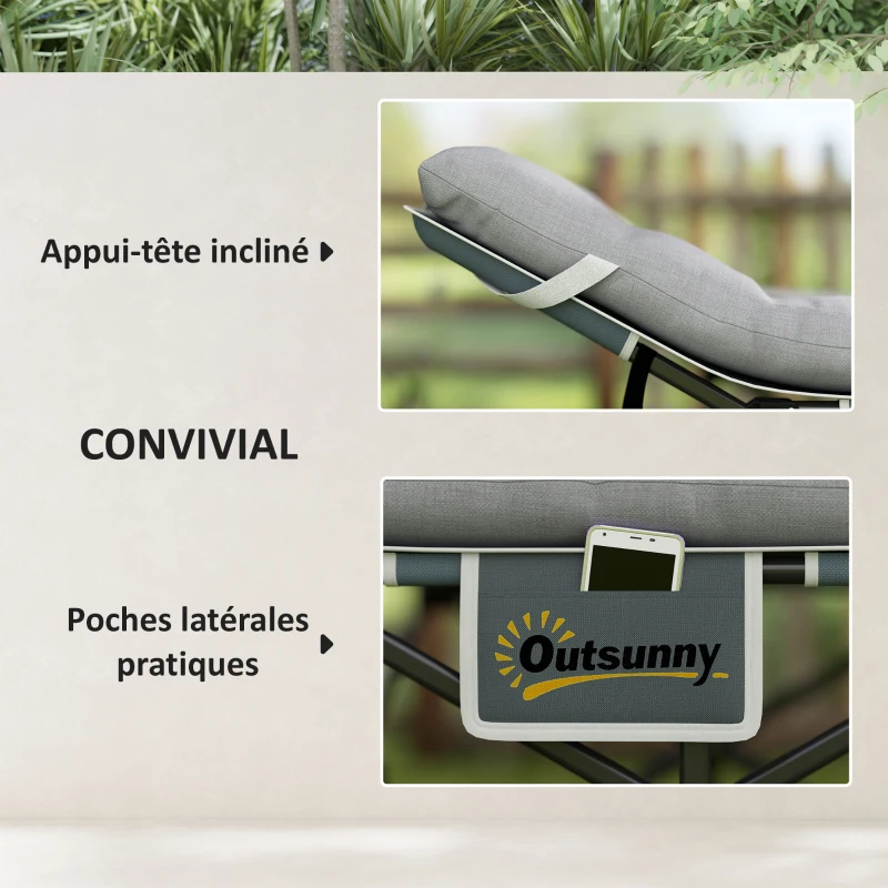 Outsunny Lit de camping pliable avec matelas, Lit de Camp Pliant, pochette latérale et sac intégré, 185 x 68 x 37 cm, gris clair