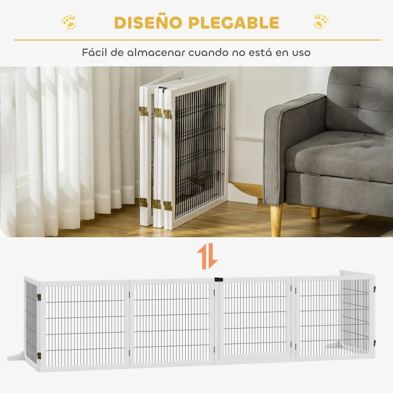 PawHut Barrera de Seguridad para Perros Plegable de Madera para Escaleras y Puertas con Soporte de Pie 432x36x70 cm Blanco