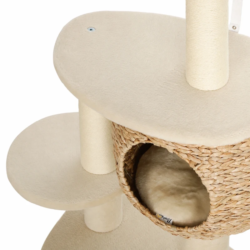 PawHut Grote krabpaal van 132 cm met handgevlochten kattenhuis van lisdodde, sisalpalen, ligbed, 3 speelballen en anti-kantelband, voor 1-2 katten tot 6 kg