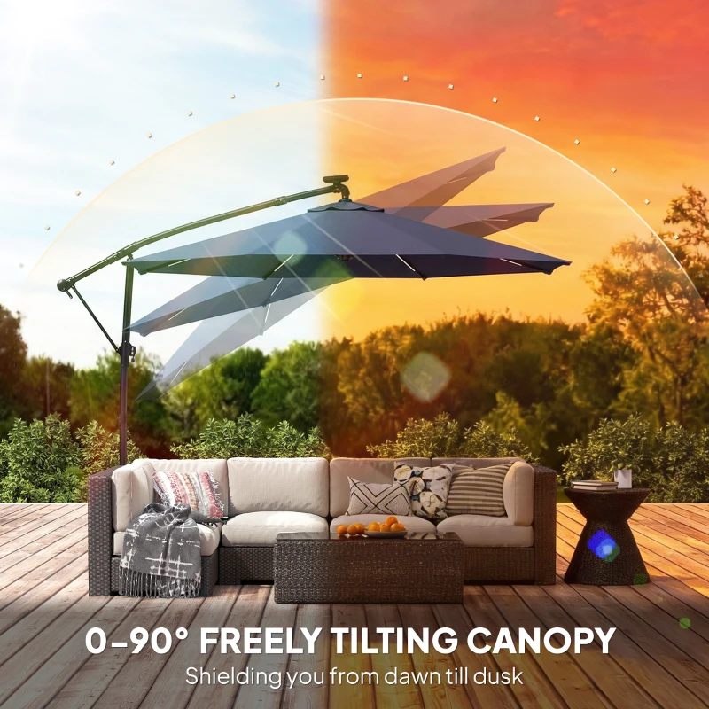 Outsunny 3 m Garden Cantilever Parasol with LED Solar Light, Round Overhanging Umbrella with 360° Rotation, Cover, Navy Blue