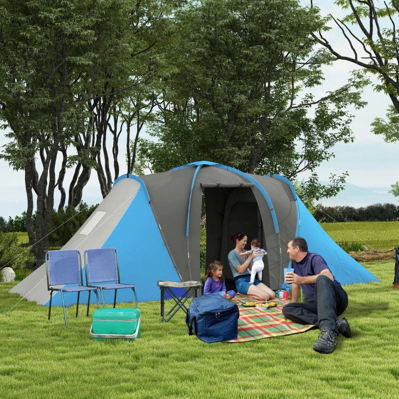 Outsunny Tente de camping familiale 4 pers. étanche facile à monter 2 grandes portes dim. 5,55 x 2,25 x 1,9 m gris foncé et bleu