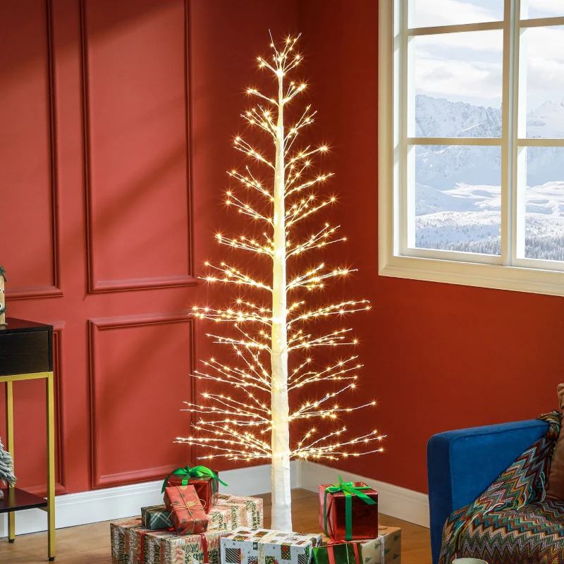 HOMCOM Kunstboom met LED-verlichting, 180 cm hoge kerstboom, realistische schors, Wit