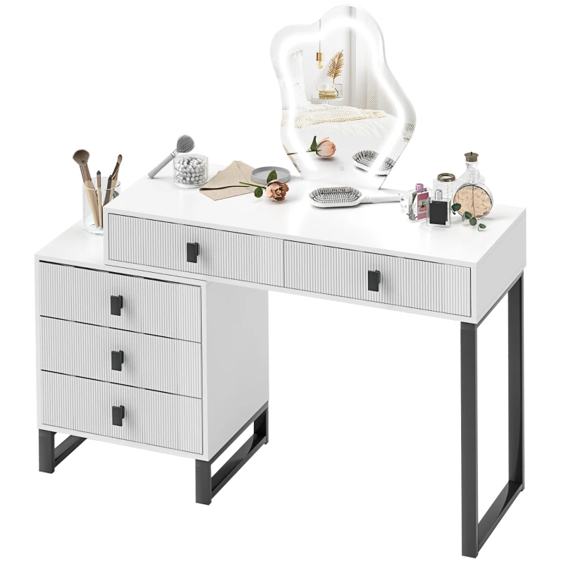 HOMCOM Dressing Table, Vanity Desk with Leaf Shape Mirror, Makeup Table with 5 Drawers, 3-Colour LED Lights, 100x40cm Tabletop, White