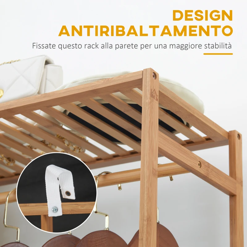 HOMCOM Appendiabiti in Bambù con Scaffale a 6 Livelli e Barra Attaccapanni, 90x30x145 cm, Legno Naturale
