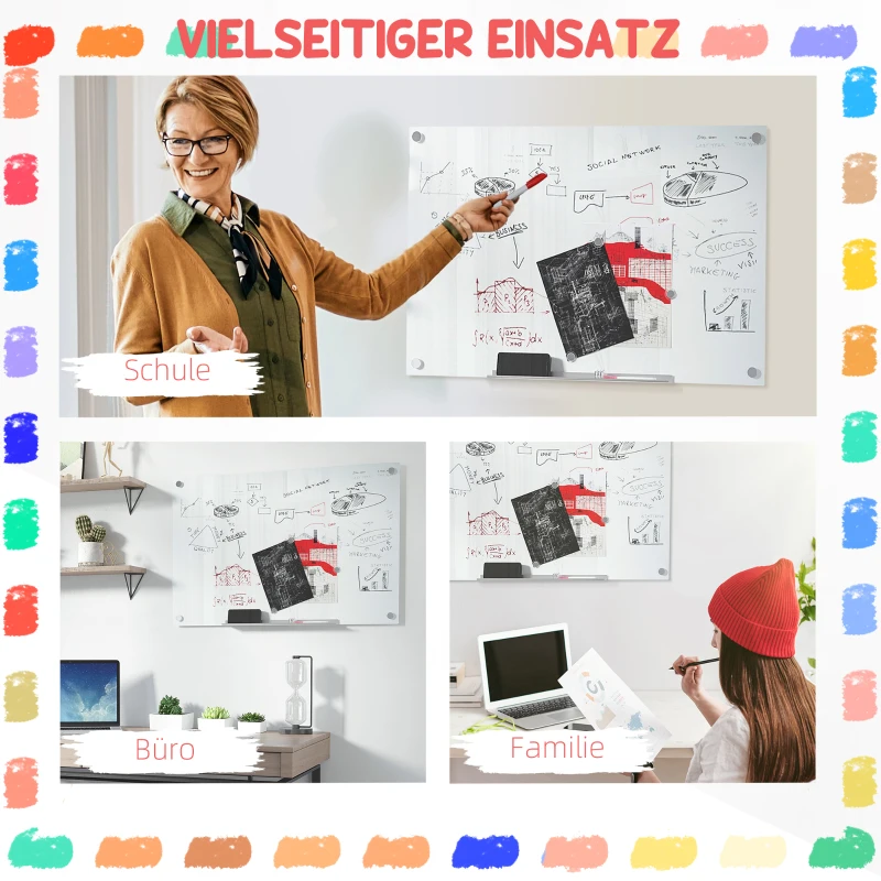 Vinsetto Glazen Whiteboard, Memobord, Whiteboard, 4 stiften, 6 magneten, 1 spons, 1 houder, Wit