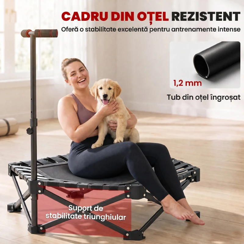 SPORTNOW Trambulină Fitness pentru Adulți Ø104 cm, Pliabilă, cu Sistem de Deschidere și Închidere dintr-o Singură Mișcare, Mâner Reglabil și 24 Corzi Elastice, Negru