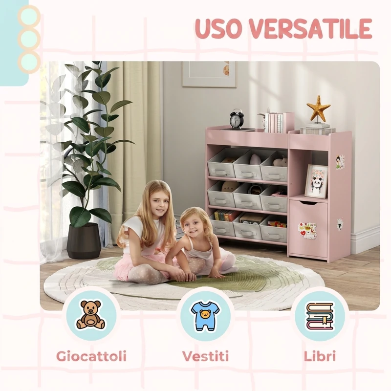 AIYAPLAY Scaffale Portagiochi Bambini in Legno con 9 Contenitori Rimovibili e Armadietto, 92x30x80 cm, Rosa