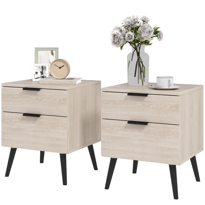 HOMCOM Set de 2 noptiere stil nordic cu sertar și bază înălțată, din lemn, 40x40x50 cm, culoare stejar