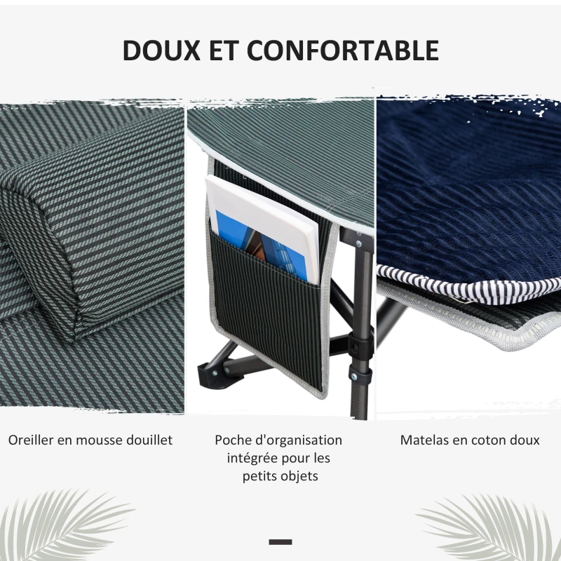 Outsunny Bain de soleil transat chaise longue pliable matelas à double oreiller pochette latérale sac de rangement intégrée