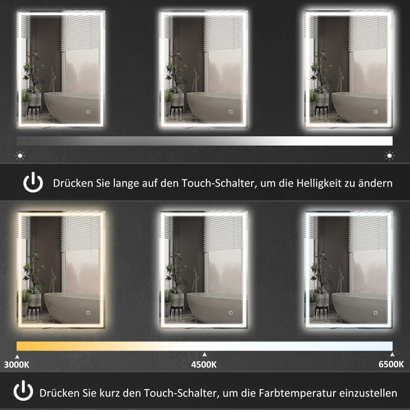HOMCOM Badkamerspiegel met LED Verlichting 90x70 cm Wandspiegel met Memory-Functie en 3 Lichtkleuren Zilver(m-5)
