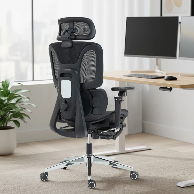 HOMCOM Bureaustoel ergonomisch met verstelbare lenden- en hoofdsteun, 6D-opklapbare armleuningen, voetensteun, mesh, zwart